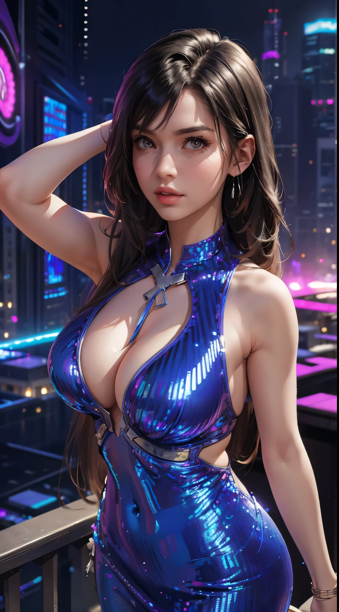 "(best quality,highres,realistic:1.2),sexy woman,sequin dress,sleeveless,cleavage,modern,stylish,futuristic,ultra-detailed,party atmosphere,vivid colors,dynamic lighting"
