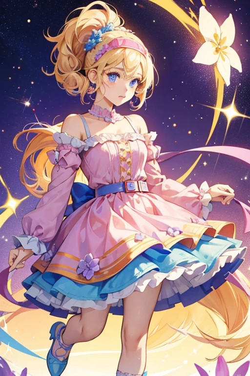 She has peach skin, blue eyes with star highlights, and blonde hair with a headband. She is wearing a fluffy pink dress with a purple belt. She has blue flower earrings and blue shoes.  SPARKLE; GLITTER