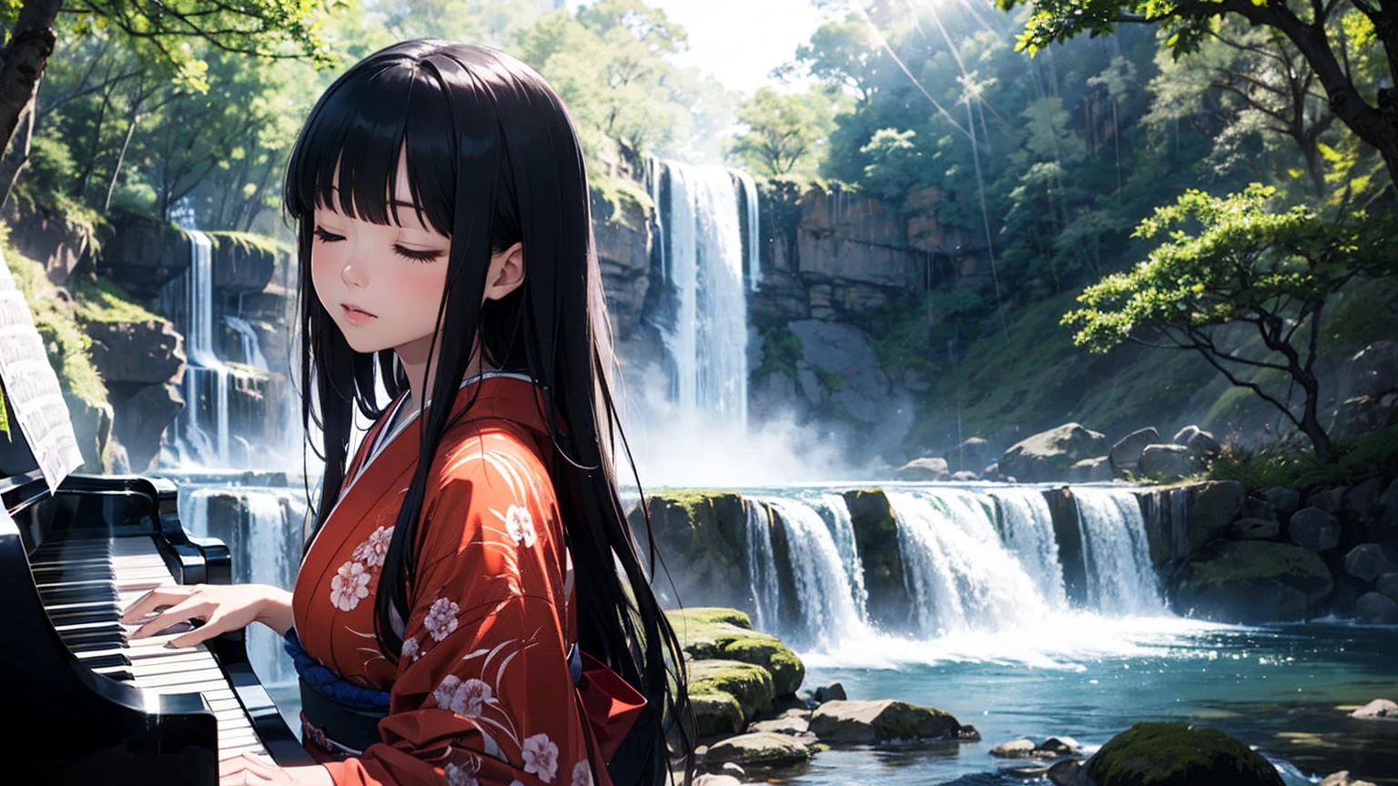 ((full shot))((long shot)) high quality, fantastic, mysterious, sunlight through trees, ((alone))(huge waterfall), sitting playing piano, eyes closed, playing, lone female pianist, woman in kimono, wearing hoodie, bright pattern on kimono, cool woman, fantastic, long black hair, Piano with Japanese pattern