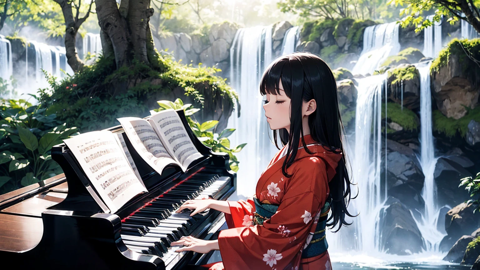 ((full shot))((long shot)) high quality, fantastic, mysterious, sunlight through trees, ((alone))(huge waterfall), sitting playing piano, eyes closed, playing, lone female pianist, woman in kimono, wearing hoodie, bright pattern on kimono, cool woman, fantastic, long black hair, Piano with Japanese pattern