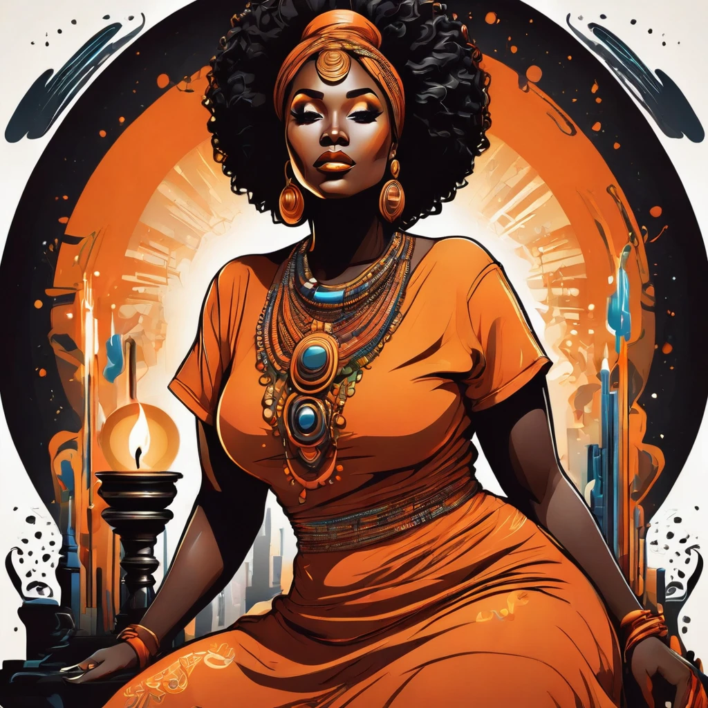 Vector t-shirt art design, centered, illustration of a thick and fat black woman wearing a orange dress and making magic with candles, afrofuturism, afrofuturism fashion, ultra quality, 8K, intricate details, beautiful face, african goddess 