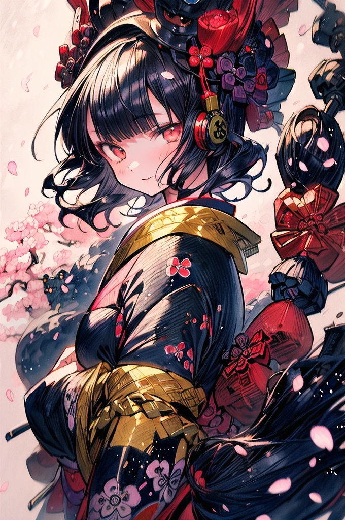 (((Highest quality))), (((Katsushika Hokusai))), (((Ink Painting))), ((Very straight long hair)), ((1 Girl)), ((cherry blossoms)), ((beautiful girl)), Japanese style headphones, Black Hair, Delicate and precise, Modern ukiyo-e style, Japanese pattern sneakers, Japanese pattern haori