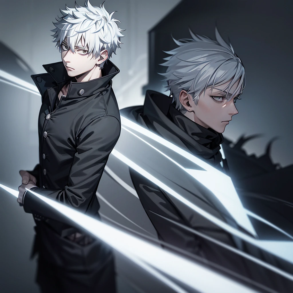 one guy, white hair, high res, ultrasharp, jujutsu kaisen style, jujutsu kaisen background, masterpiece, grey eyes