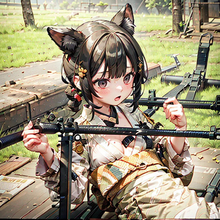 (Fox Girl, Fox Ears, Black colored hair, Fox Makeup, One Girl, Long Hair:1.6), (kimono, Kimono with open chest, A beautiful kimono with red and black patterns, I can see her cleavage, Open chest, Exposed skin:1.8), (Body measurements are 75-60-75!, Young girl body, Small breasts, Small breasts, Emphasize the chest, Sniper, Prone, 50caliber, Have a weapon, sniper rifle:1.9), Avatar, face, lewd face, Dominant representation, naughty face, Uplifting, Skin Texture, outside, Grassy field