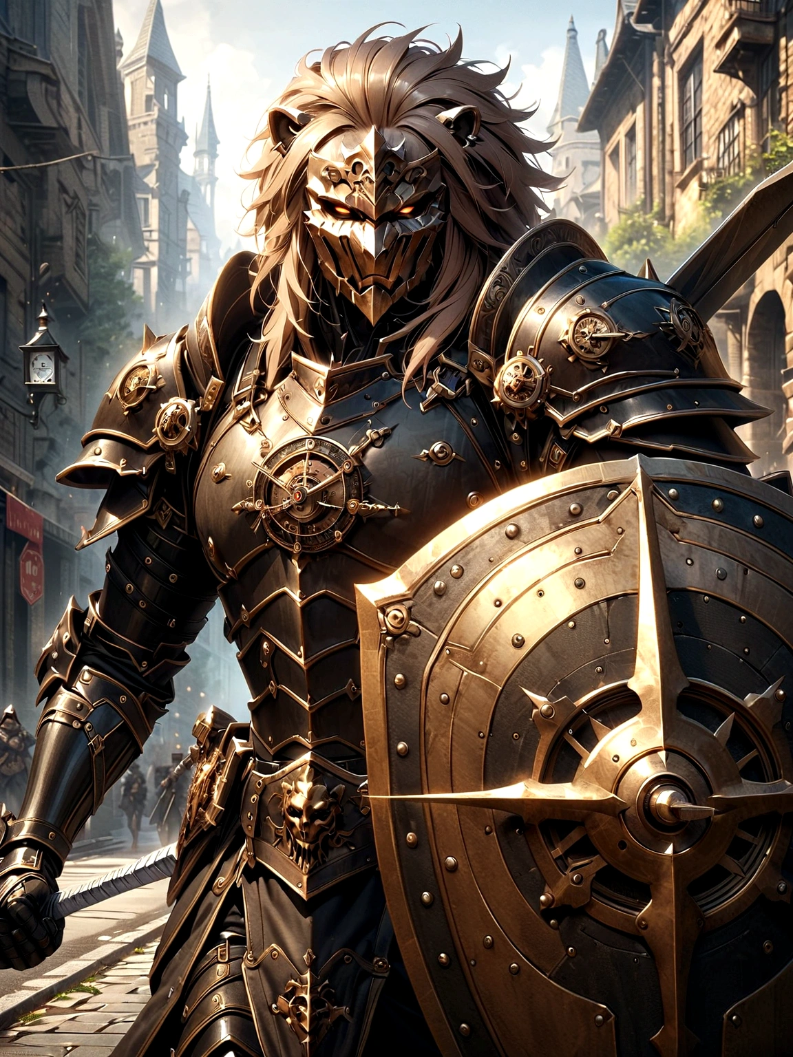 Lion Knight wearing combat uniform, on the street, black armor, Clock designs, Black Lion Man, Black Color armor, Sword and Shield