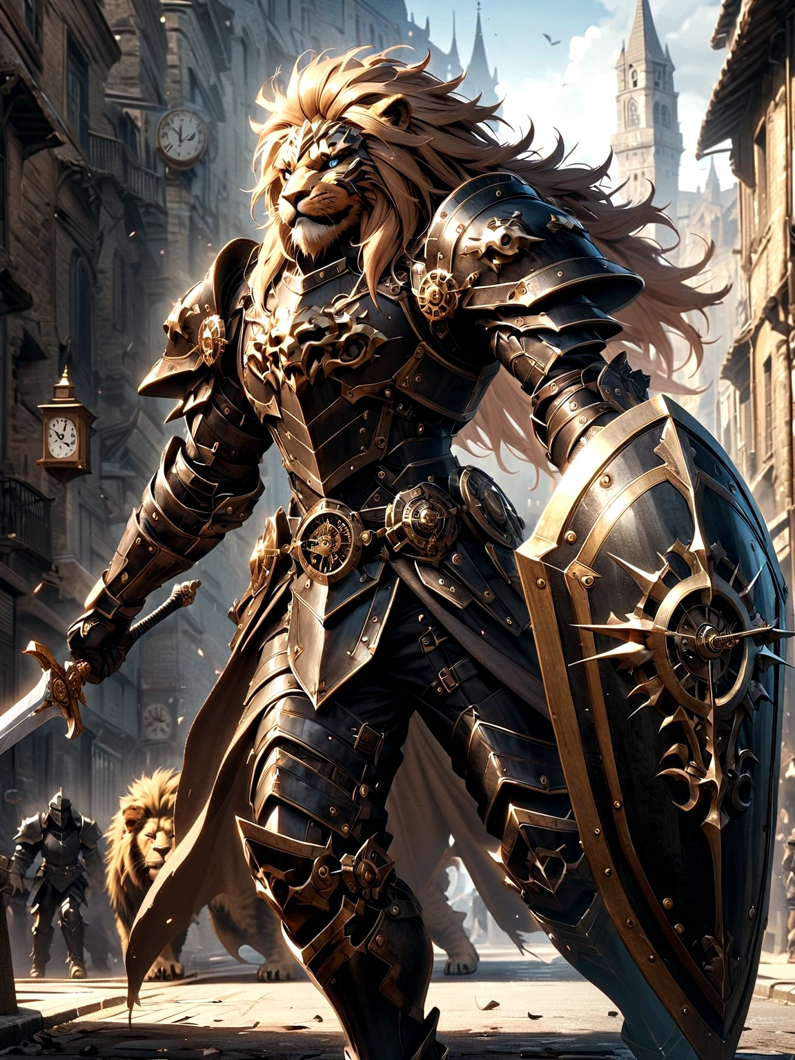 Lion Knight wearing combat uniform, on the street, black armor, Clock designs, Black Lion Man, Black Color armor, Sword and Shield