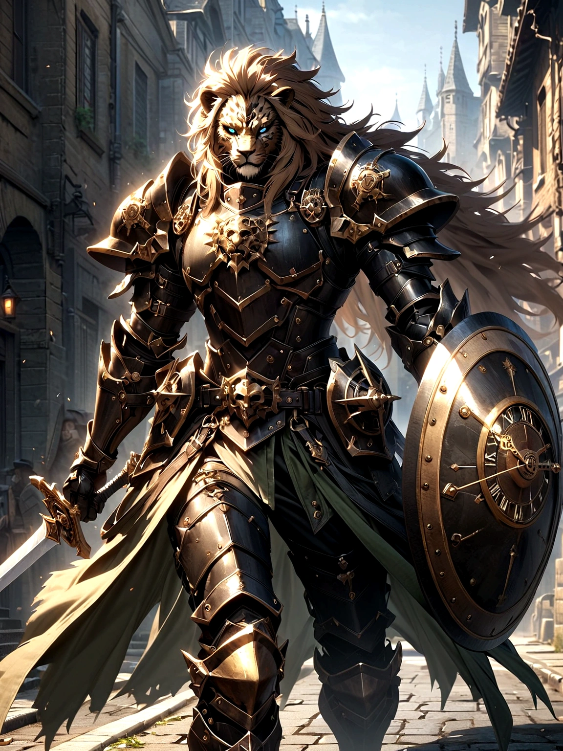Lion Knight wearing combat uniform, on the street, black armor, Clock designs, Black Lion Man, Black Color armor, Sword and Shield