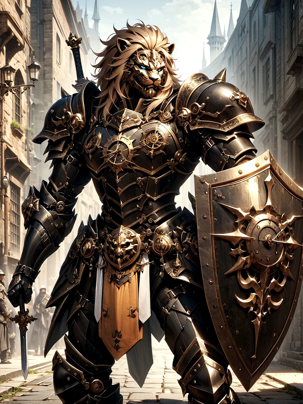 Lion Knight wearing combat uniform, on the street, black armor, Clock designs, Black Lion Man, Black Color armor, Sword and Shield