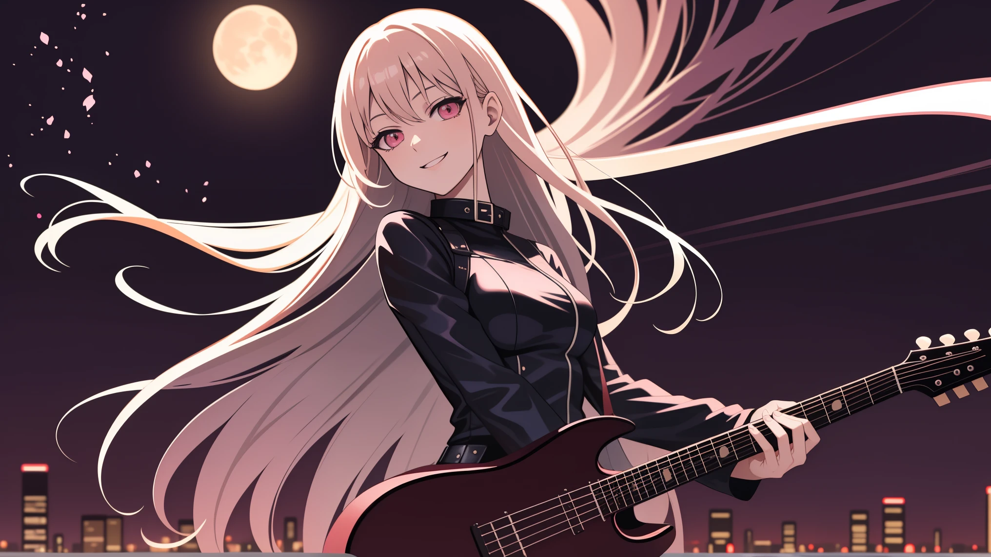 adult woman, pink eyes, long blonde hair, sexy black leather, smile, guitar, 4k hd, night city, moon