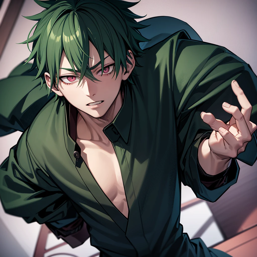 one japanese man, green hair, pink eyes, high res, ultrasharp, masterpiece, jujutsu kaisen style