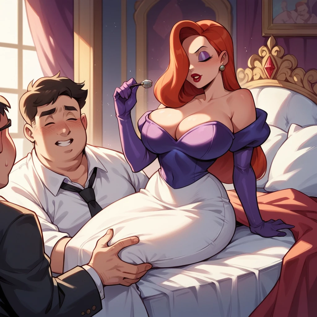 Jessica Rabbit is sleeping with a young fat man, she has big tits and a big ass, she is wearing a sexy transparent wedding lingerie, bed. hotel