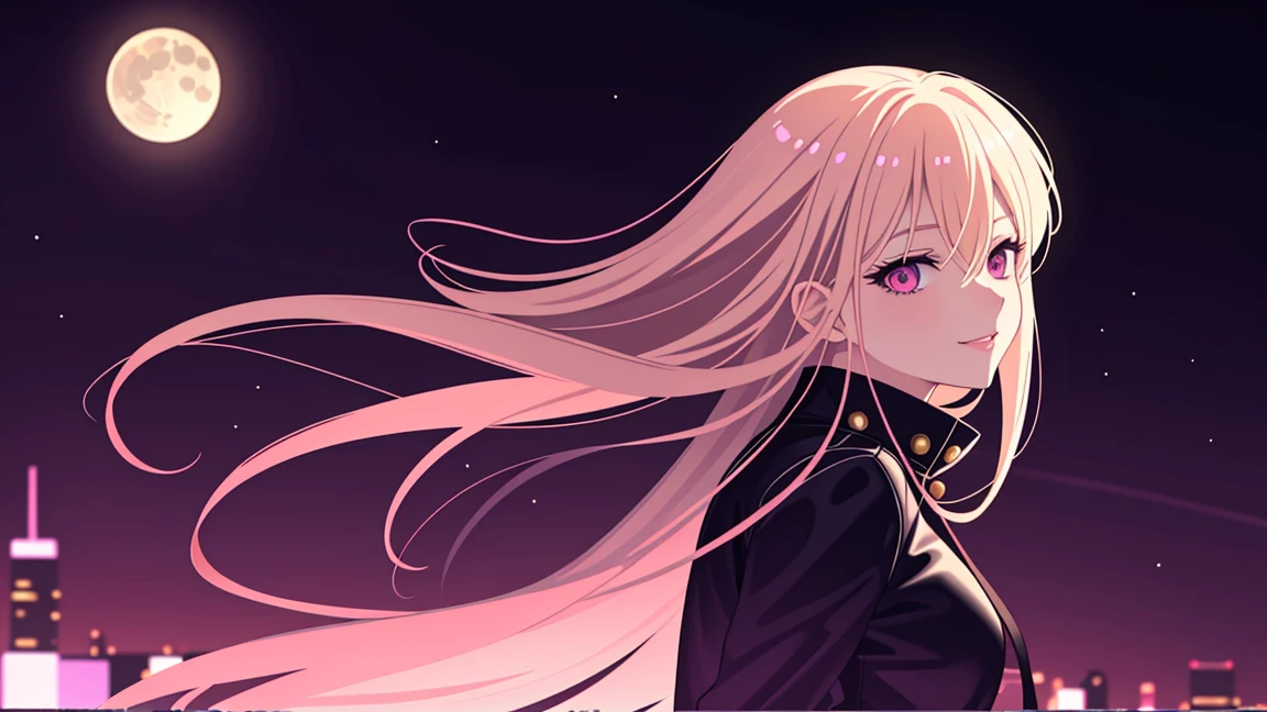adult woman, anime pink eyes, long blonde hair, sexy black leather, smile, guitar, 4k hd, night city, moon