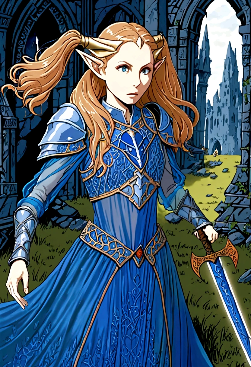 Gates McFadden (age 20) (young elven maiden, twintails, intricate sheer blue dress, mithril chest plate armor, mithril magic sword), chasing off some pesky kobolds, ruins