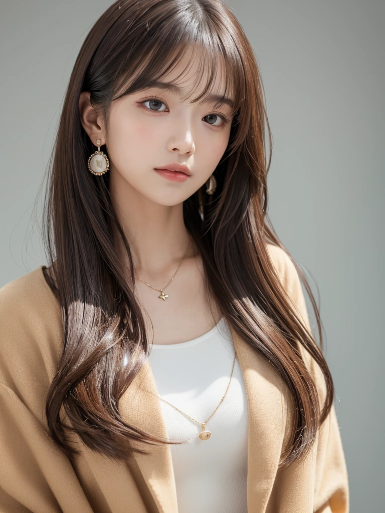  ((Highest quality, 8k, masterpiece:1.3)), concentrate: 1.2, Perfect body beauty: 1.4, Hips: 1.2, ((Long Hair, chest: 1.2)), (Dry clothes: 1.1) , (clear, Simple Background:1.3), Simple clothes: 1.1, Highly detailed face and skin texture,Delicate eyes, double eyelid, Whitened skin, Rough skin、Long Hair、Earrings with bangs、necklace、 solo、Beige coat、White shirt,  (((Beautiful girl with cute Japan)))、  ((Beautiful Japanese girl 20 years old))、 ((Baby Face))、 (((Slender body)))、  Upper Body，Face focus、necklace，Simple Background，From above， Realistic Hair、 A photograph was taken:Canon EOS R6、135mm、1/1250 seconds、f2.8、ISO400、(Detailed explanation of the hand)、(Masseter muscle area)、(Exquisite CG)、Long Hair, loose and curly hair、Korean Hair、Long Hair明るいベージュ色、グラデーションハイライトグレージュのゆるふわLong Hairスタイル、