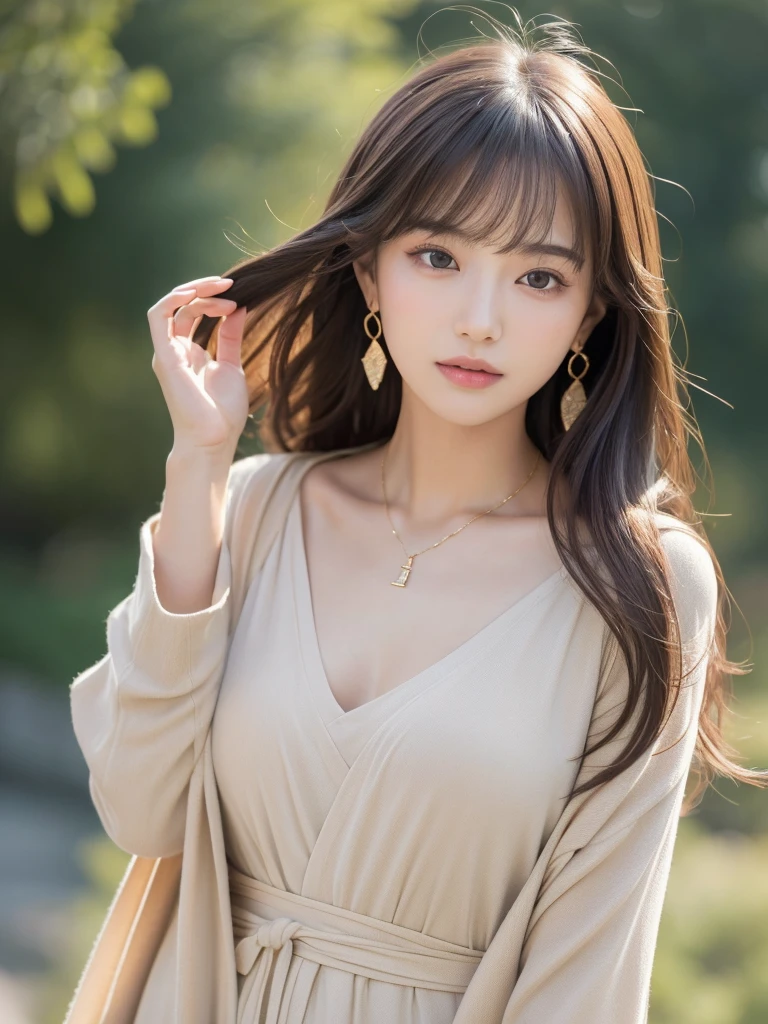 ((Highest quality, 8K, masterpiece:1.3)), concentrate: 1.2, Perfect body beauty: 1.4, Hips: 1.2, ((Long Hair, chest: 1.2)), (Dry clothes: 1.1) , (clear, Simple Background:1.3), Simple clothes: 1.1, Highly detailed face and skin texture,Delicate eyes, double eyelid, Whitened skin, Rough skin、Long Hair、Earrings with bangs、necklace、 solo、Beige coat、White shirt, (((Beautiful girl with cute Japan)))、 ((Beautiful Japanese girl 20 years old))、 (())、 (((Slender body)))、 Upper Body,Face focus、necklace,Simple Background,From above, Realistic Hair、 A photograph was taken:Canon EOS R6、135mm、1/1250 seconds、f2.8、ISO400、(Detailed explanation of the hand)、(Masseter muscle area)、(Exquisite CG)、Long Hair, loose and curly hair、Korean Hair、Long Hair明るいベージュ色、グラデーションハイライトグレージュのゆるふわLong Hairスタイル、