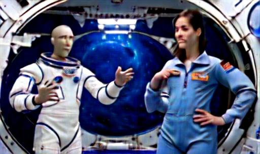 In the image we have 2 Astronauts in space uniform piloting a spacecraft, view inside the spacecraft. A humanoid robot is nearby helping.