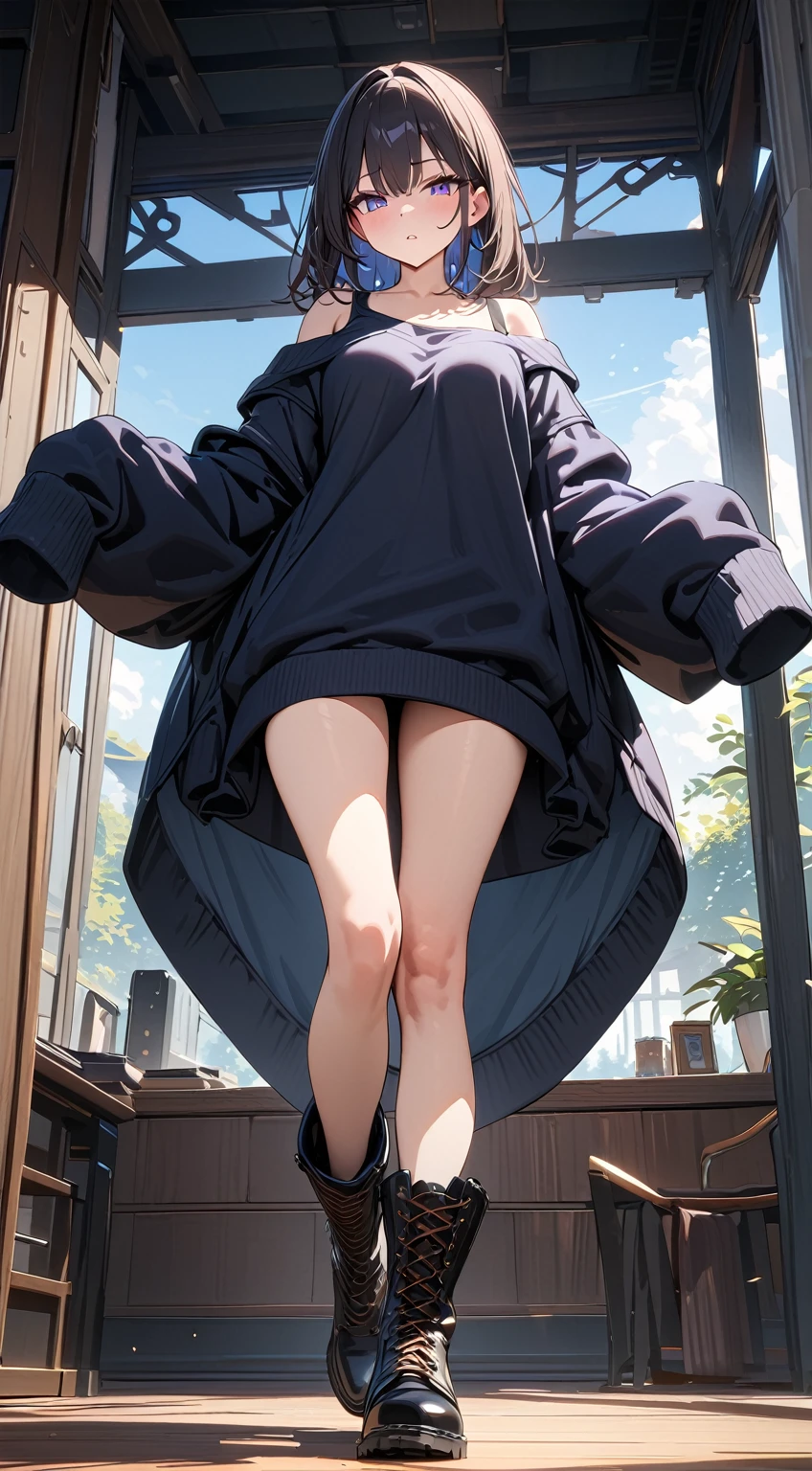 (Masterpiece, Best Quality:1.5), (ultra detailed, high resolution, 8k, Beautiful detailed, UHD, best anatomy), 1 pretty girl, black fur, medium breasts, sleeves beyond the fingers, sagging clothes, Oversized sweatshirt, flared skirt, leather boots