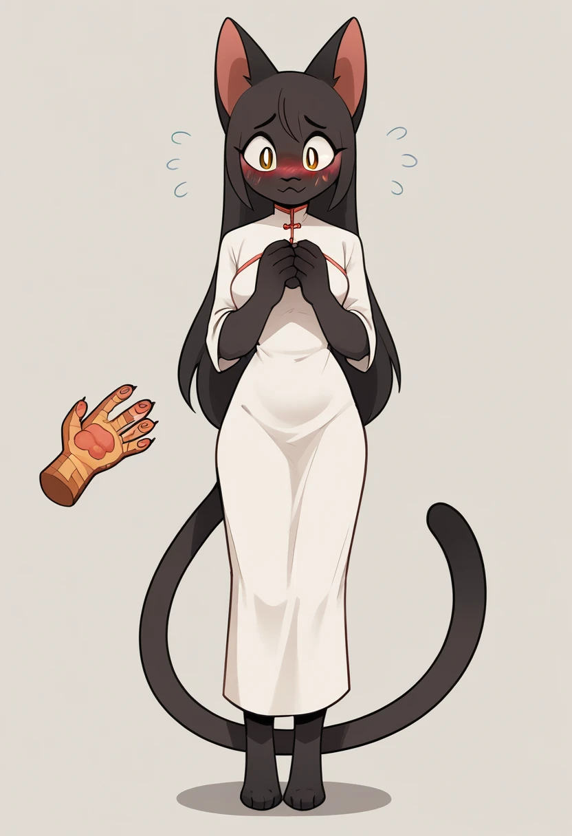 Sunshine, high resolution, 4K, masterpiece, high-quality, artistic, 19-year-old, (Siamese cat), female, (full body: 1.4, posture: 1.2), cat Furry, (blooming girl: 1.2), furry, (blushing: 1.3, long hair: 1:2), (quiet, gentle), (national beauty and heavenly fragrance, body size 1:5, slender ears: 1.3, cat tail: 1.3), (blue and white porcelain cheongsam 1:3, B-cover: 1.4), (black ears: 1.2, black brown face: 1.2, white back: 1.2), (black ears: 1.2, black brown face: 1.2, white back: 1.2) Brown arms: 1.4, white chest: 1.3, white belly: 1.4, heterochromatic pupils: 1.3, brown legs: 1.2, black hands: 1.3, black feet: 1.3), delicate eyes, attention to details, detailed subject, (detailed hands: 1.3)