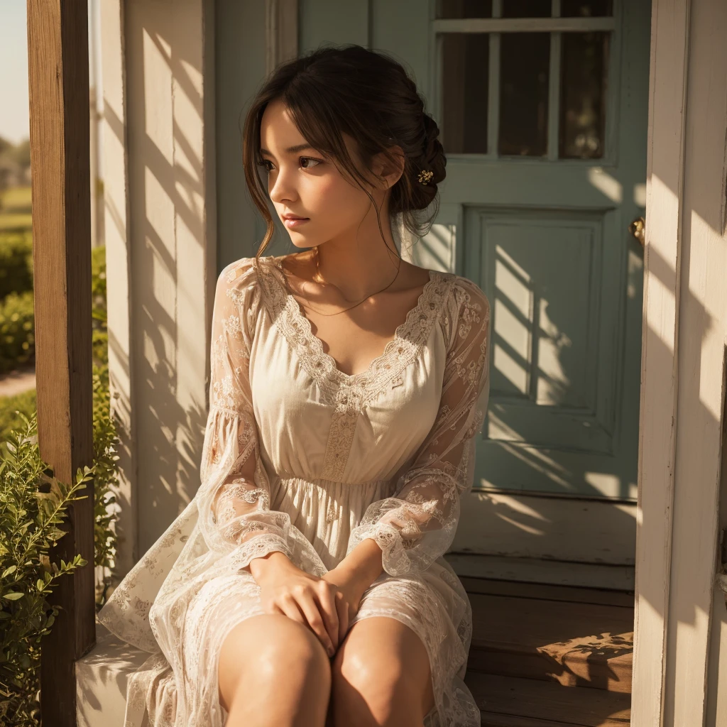 a girl in a dress, sitting on the front porch of a house, blank expression, beautiful detailed eyes, beautiful detailed lips, extremely detailed face and skin, warm lighting, golden hour, soft shadows, photorealistic, 8k, high quality, cinematic, dramatic, dramatic lighting, volumetric lighting, intricate details, elegant, graceful, serene, peaceful, tranquil, pensive, contemplative, melancholic