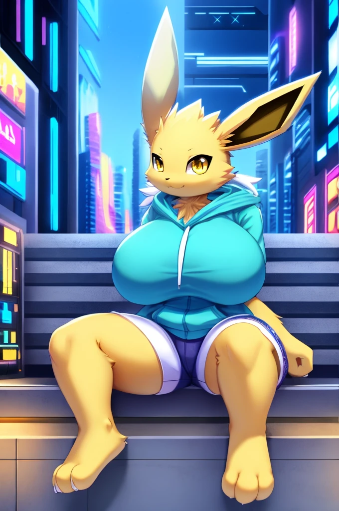 Jolteon, anthro,  yellow body fur, yellow eyes, detailed body fur, detailed face, detailed eyes, glistering body, shiny body, gorgeous body, masterpiece, high quality, feets whit three toes, sitting, cyber city, electric, clear sky, :3, full body, female, massive breasts and hips and butt, undersized hoodie and shorts