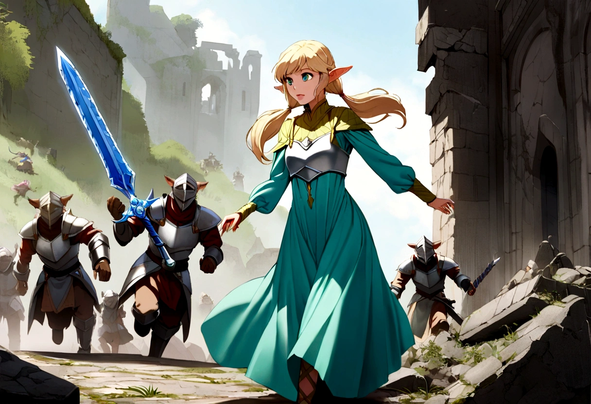Gates McFadden (age 20) (young elven maiden, twintails, intricate sheer blue dress, mithril chest plate armor, mithril magic sword), chasing off some pesky kobolds, ruins