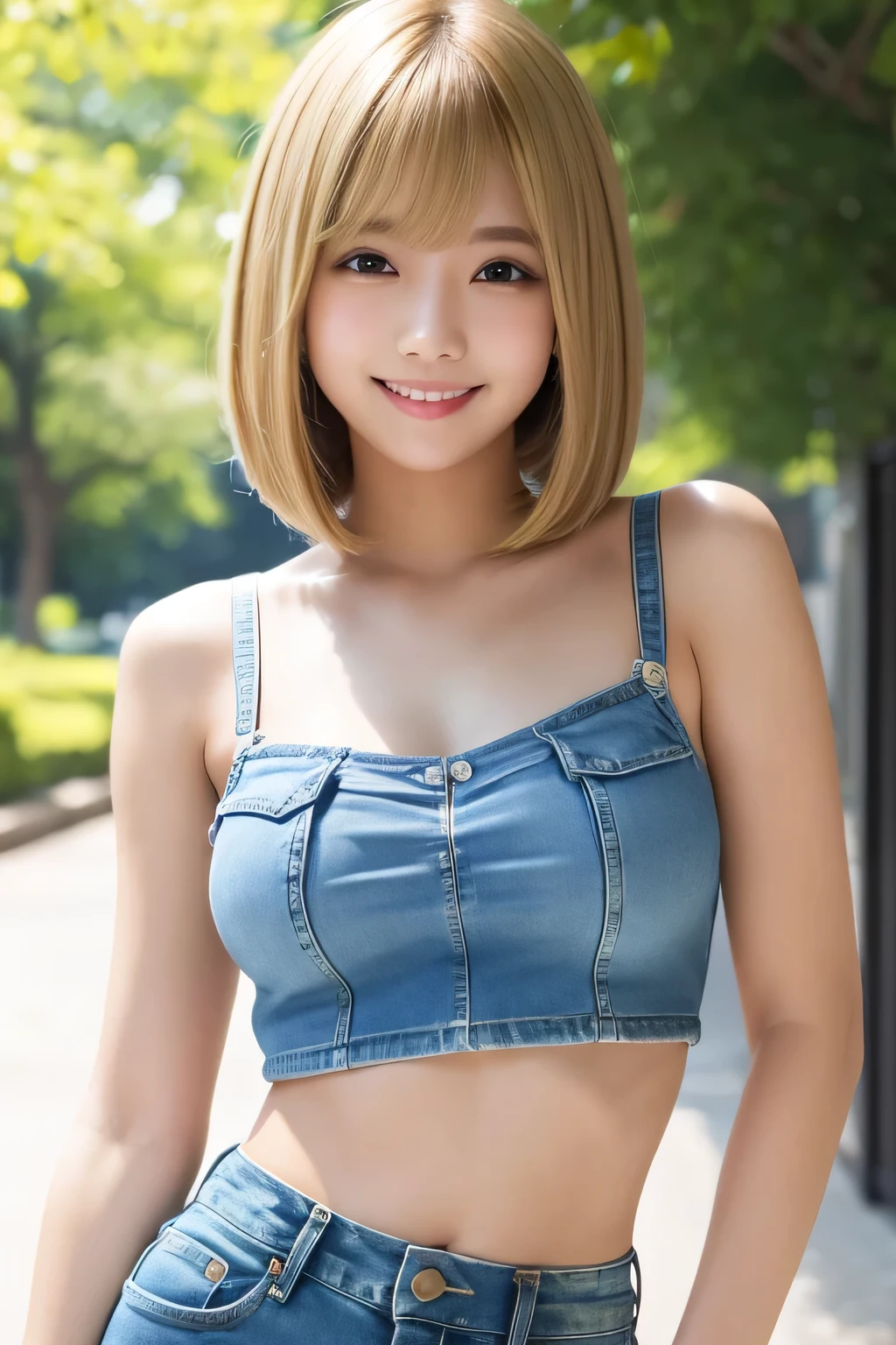 masterpiece, best quality, 1girl, medium hair, shiny hair, bob cut, blonde hair, bra top, denim shorts, shy smile, park