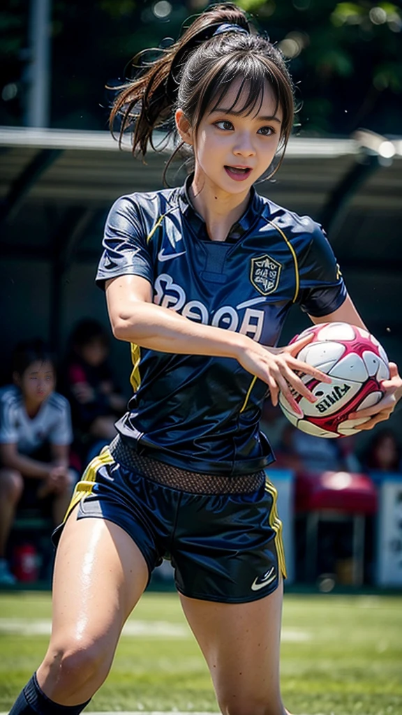 Highest quality, High resolution:1.2, Super detailed, Realistic:1.3, ((Beautiful woman))、((Ultra tight uniform))、Big Breasts、Vibrant colors, play soccer,((blunt bangs))、Has bangs、Wet Hair, Concentration, Splash, Action Shots, Grass blotches, Muddy ground, Wet turf, Decide, Fast-paced games, Athletic physique, Shiny soccer ball, Wet uniform, raindrop, Blurred motion, Focus on the ball, Intense competition, Skillful dribbling, Energetic play, Teamwork, powerful shoots, Wet pitch, Passionate sports, Fierce Decide, Humid atmosphere, Fluid movement, emotional expression、Dramatic lighting, Women's Sports, Avid athletes, Exciting Games, endure, Excited state, Speed and agility, Energetic play, 濡れたSplash、smile、