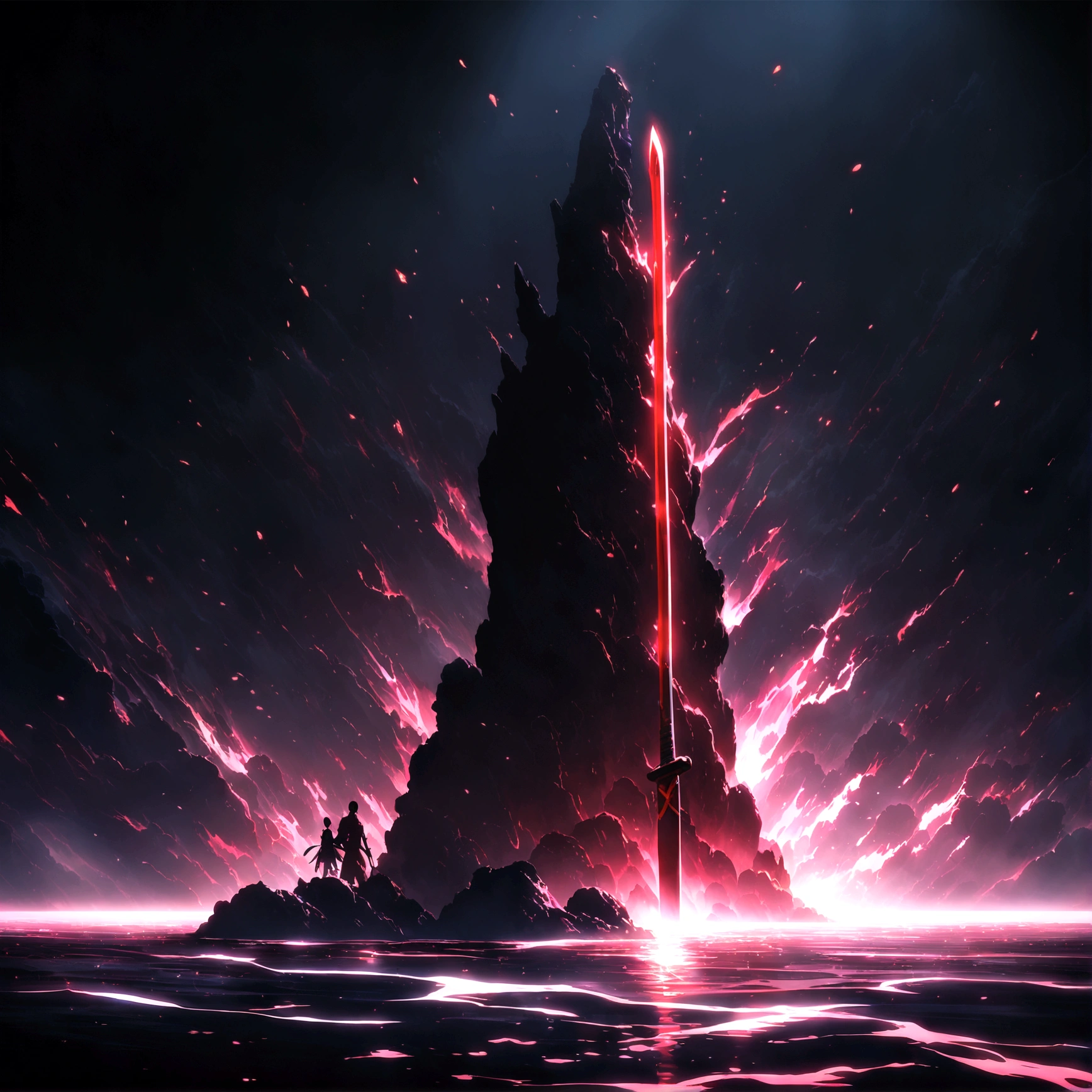 Pair of Katanas, black thin blade, red handle, black background,"One Piece-inspired anime features, drenched in dramatic and stunning lighting, dramatic lighting, infused with creative details, ultra-fine 2D design, scenery bathed in creativity, bathed in creativity, boasting HD anime resolution clarity, HD anime graphics, high-octane rendering"