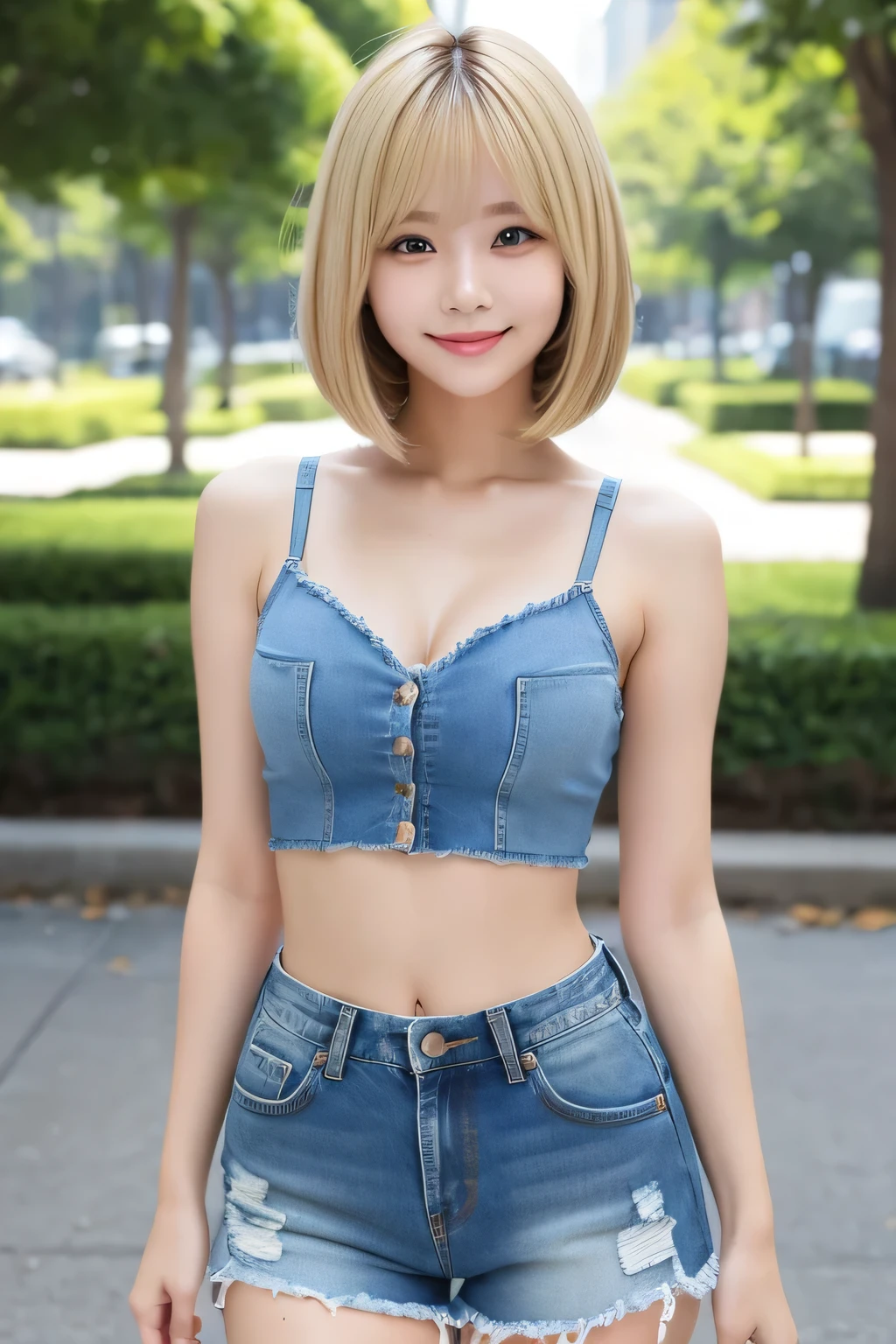 masterpiece, best quality, 1girl, medium hair, shiny hair, bob cut, blonde hair, bra top, denim shorts, shy smile, park