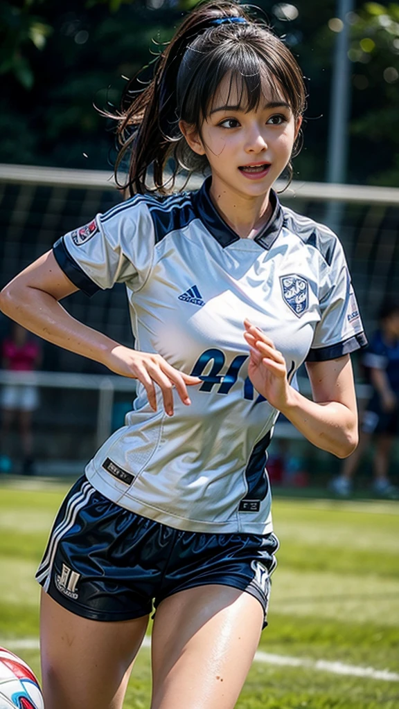 Highest quality, High resolution:1.2, Super detailed, Realistic:1.3, ((Beautiful woman))、((Ultra tight uniform))、Big Breasts、Vibrant colors, play soccer,((blunt bangs))、Has bangs、Wet Hair, Concentration, Splash, Action Shots, Grass blotches, Muddy ground, Wet turf, Decide, Fast-paced games, Athletic physique, Shiny soccer ball, Wet uniform, raindrop, Blurred motion, Focus on the ball, Intense competition, Skillful dribbling, Energetic play, Teamwork, powerful shoots, Wet pitch, Passionate sports, Fierce Decide, Humid atmosphere, Fluid movement, emotional expression、Dramatic lighting, Women's Sports, Avid athletes, Exciting Games, endure, Excited state, Speed and agility, Energetic play, 濡れたSplash、smile、