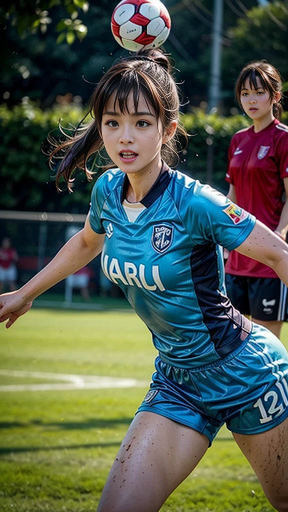 Highest quality, High resolution:1.2, Super detailed, Realistic:1.3, ((Beautiful woman))、((Ultra tight uniform))、Big Breasts、Vibrant colors, play soccer,((blunt bangs))、Has bangs、Wet Hair, Concentration, Splash, Action Shots, Grass blotches, Muddy ground, Wet turf, Decide, Fast-paced games, Athletic physique, Shiny soccer ball, Wet uniform, raindrop, Blurred motion, Focus on the ball, Intense competition, Skillful dribbling, Energetic play, Teamwork, powerful shoots, Wet pitch, Passionate sports, Fierce Decide, Humid atmosphere, Fluid movement, emotional expression、Dramatic lighting, Women's Sports, Avid athletes, Exciting Games, endure, Excited state, Speed and agility, Energetic play, 濡れたSplash、smile、