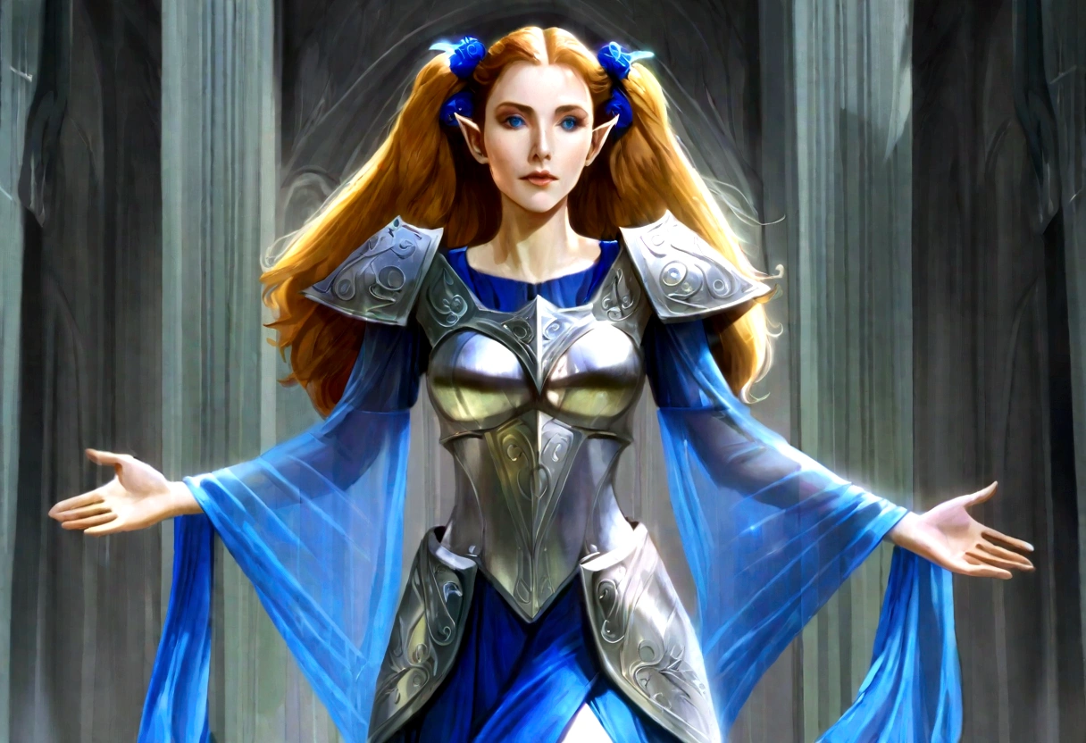 Gates McFadden (age 20) (young elven maiden, twintails, intricate sheer blue dress, mithril chest plate armor, mithril magic sword), chasing off some pesky kobolds, ruins