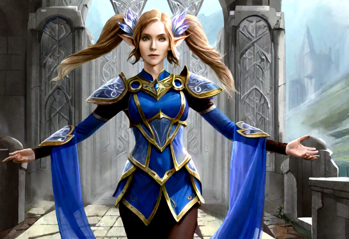 Gates McFadden (age 20) (young elven maiden, twintails, intricate sheer blue dress, mithril chest plate armor, mithril magic sword), chasing off some pesky kobolds, ruins