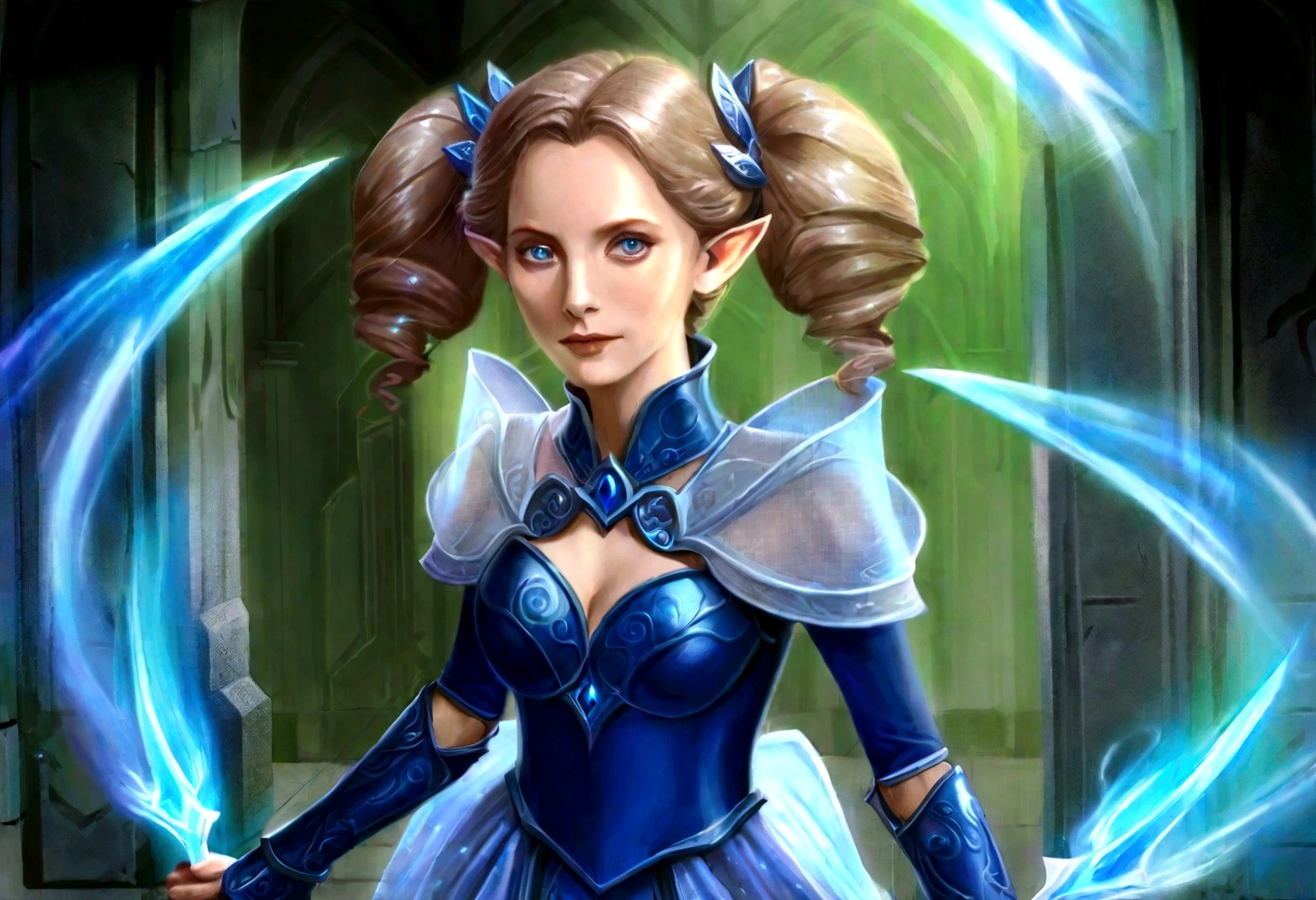 Gates McFadden (age 20) (young elven maiden, twintails, intricate sheer blue dress, mithril chest plate armor, mithril magic sword), chasing off some pesky kobolds, ruins