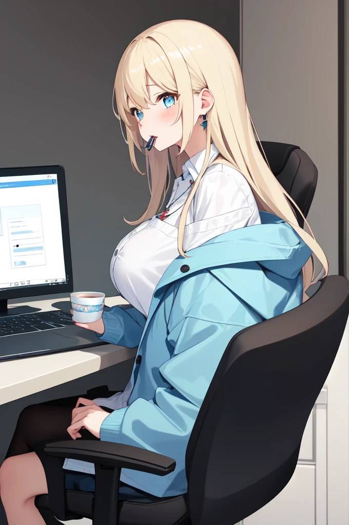 8K, high resolution, work of art, ultra detali, (high détail:1.1), 1 girl, hair blonde, eyes browns, bangs straight, (white button up:1.2), sitting behind the table, (Breasts huge:0.9), blue off-the-shoulder jacket, neckleace, burlas, (aretes:0.85), (lipstick:0.7), Working at Computer, (Professional attire:1.1), portraite, trunk, gaping mouth, cups, Breasts huge