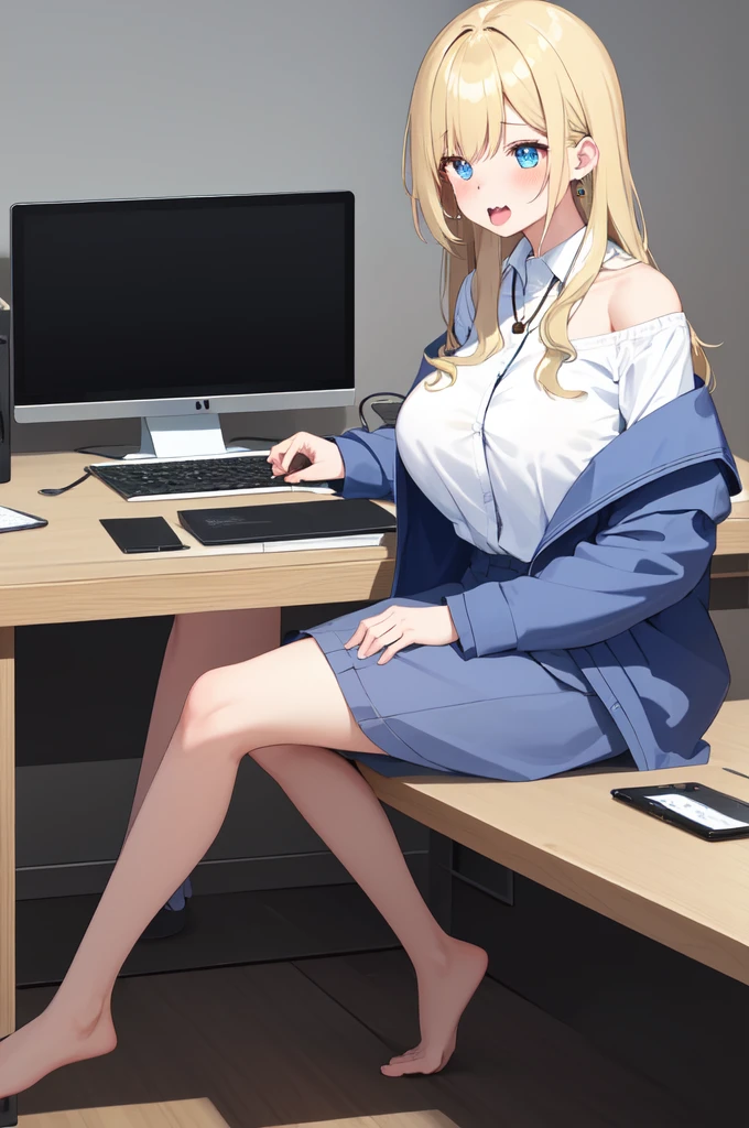 8K, high resolution, work of art, ultra detali, (high détail:1.1), 1 girl, hair blonde, eyes browns, bangs straight, (white button up:1.2), sitting behind the table, (Breasts huge:0.9), blue off-the-shoulder jacket, neckleace, burlas, (aretes:0.85), (lipstick:0.7), Working at Computer, (Professional attire:1.1), portraite, trunk, gaping mouth, cups, Breasts huge