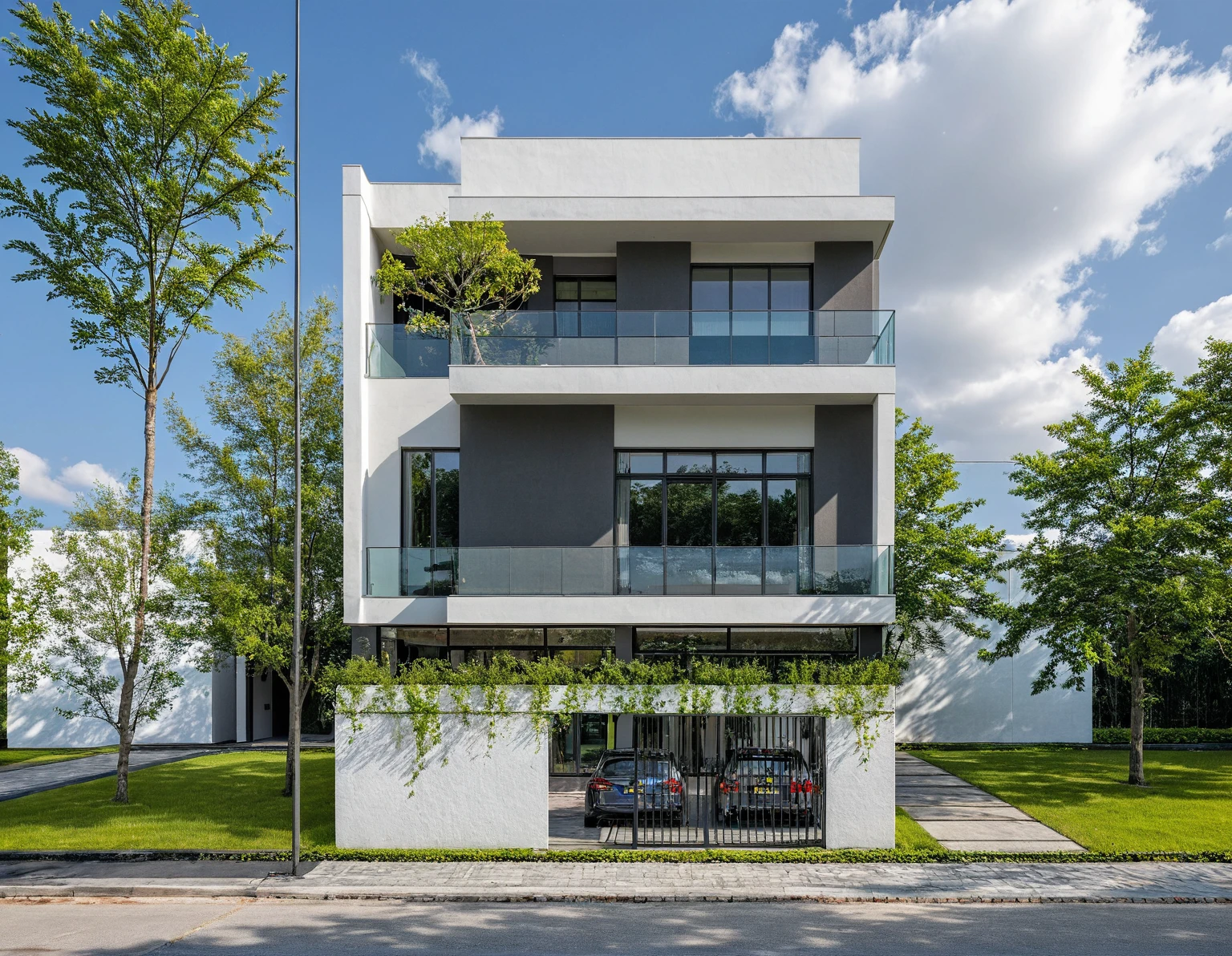 Masterpiece, high quality, best quality, authentic, super detail, outdoors, onestoreyvillaXL, aiaigroup, house style modern on the street ,stairs, white wall ,road,pavement, grass, trees, sky, cloud, (daylight:1.1)
