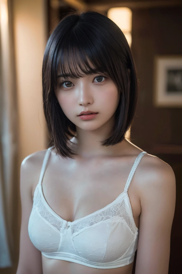 (Highest quality:1.4),(masterpiece:1.4),(Realistic:1.4),(Realistic:1.2),(超High resolution, RAW Photos:1.4),(High resolution, Very detailed:1.2),(8K:1.2),Cinematography,a photo of a dark-haired,Her hairstyle is a short bob with bangs.,One Girl,alone,(In underwear),((Upper Body:1.3))