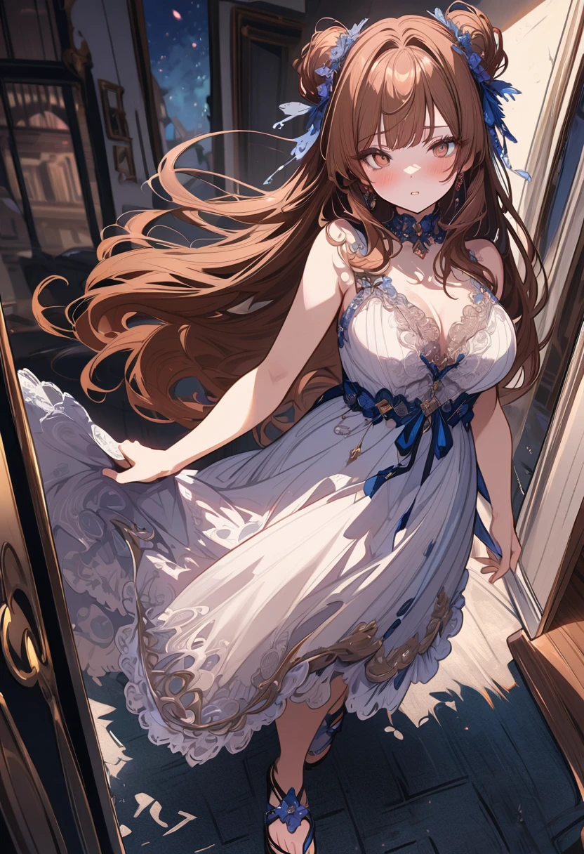 ((masterpiece), best quality, very aesthetic, newest, absurdres, detailed, high quality)
BREAK
highest quality, top quality, details, highres, ultra fine painting, digital art, official art, cinematic, 4k, 8k resolution, 8K CG wallpaper, CG, original artwork, detailed background, colorful background, blue atmosphere, High Dynamic Range, blurry background, blue hour, Starburst effects, crepuscular rays, good ISO, high resolution, wide shot, from far away, RAW photo, POV, sharp focus, light reflection, reflections, intricate details, soft light, particle noise, professional photography, bokeh, depth of field, natural lighting, vibrant colors, looking away, detailed lights and shadows, stylish, ultra-detailed, top rated on Pixiv, trending on Artstation, niji style, modern-days, master crafted, pose
BREAK
solo, close up shot, from above, 1girl, pale skin, correct fingers, detailed hand, (big breasts:1.2), big thighs, small torso, short body, flushtered, blush, anxious expression, embarassed, embarassed act, casual, slim, ((cute, childlike face):1.3), nice hips, nice body, brown hair, (very long flowing hair), (big 2 buns hairstyle)), long bangs, long hair, middle hair bangs, brown eyes
BREAK
(White sundress, summer dress, feminine style, full body pose)
BREAK
Hanging clothes, folded clothes, walls, glass, changing room, indoors