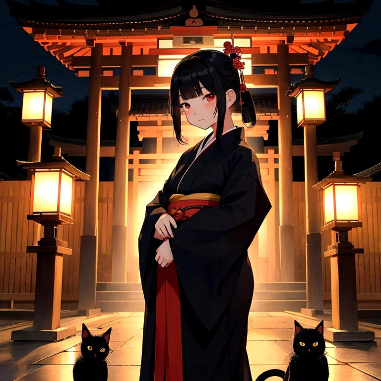 Temple at night、A zashiki-warashi girl wearing an old kimono、Standing Alone、Black cats snuggling together、I can't see your face、