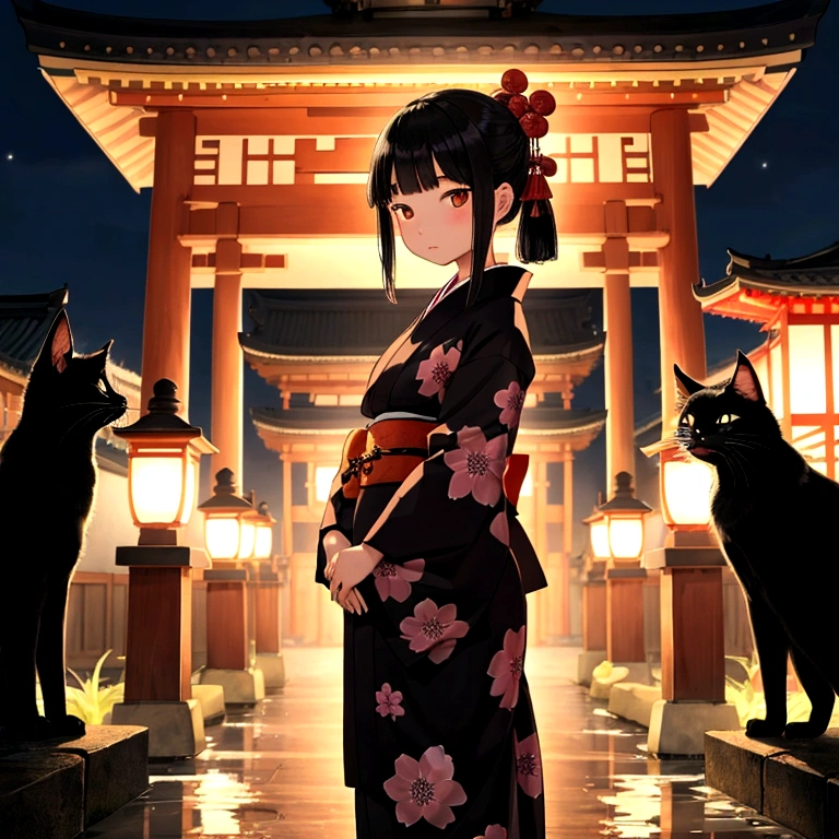 Temple at night、A zashiki-warashi girl wearing an old kimono、Standing Alone、Black cats snuggling together、I can&#39;t see your face、
