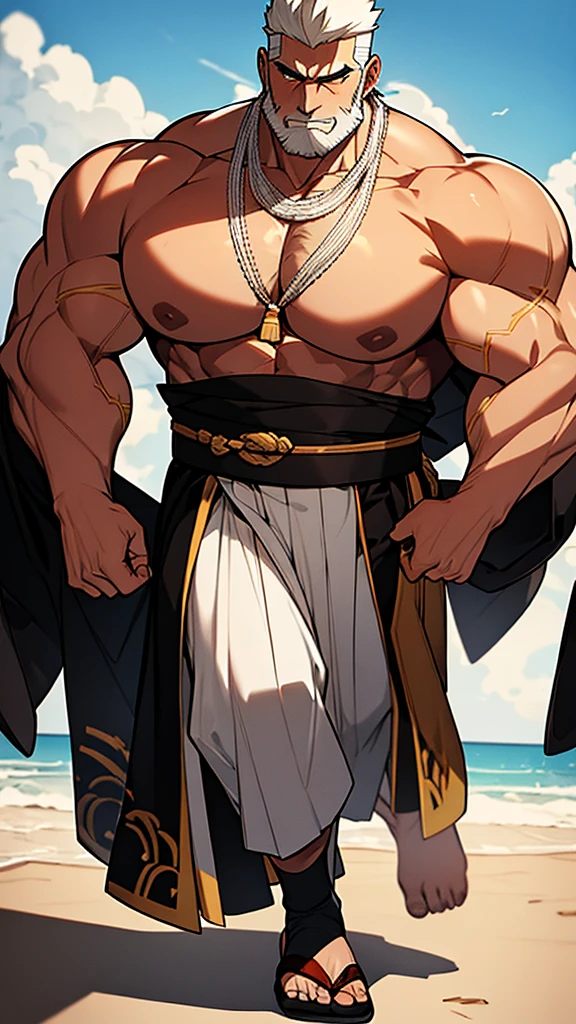was a towering man with a powerfully muscular physique, imposing features, short white hair, and faded white eyes that showed no sense of feeling. He usually wore a gold-colored kāṣāya garment over black yukata robes. His monk attire is completed with white tabi socks and zōri sandals.