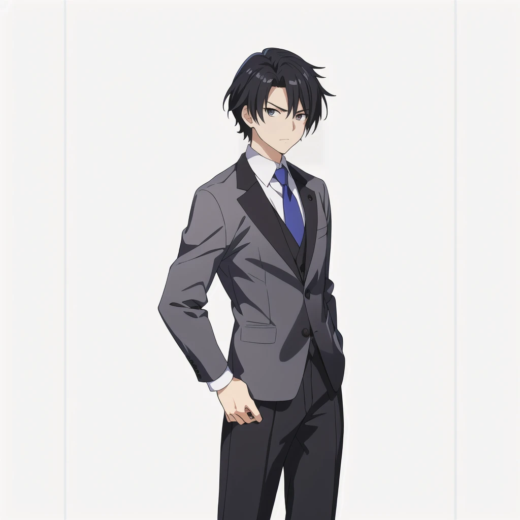 Highest quality, high resolution, High quality anime art style, Official Art, Smooth anime CG art, Stylized anime, Visual Novel Sprites, White background, whole body, Anime-style 3D, Smooth anime CG art, Humanoid Male, criminal, Man in suit and tie, Tough-faced man, Man in grey suit, Long face, Black Hair, Short Hair, Narrow eyes,Slender, 30 years old,