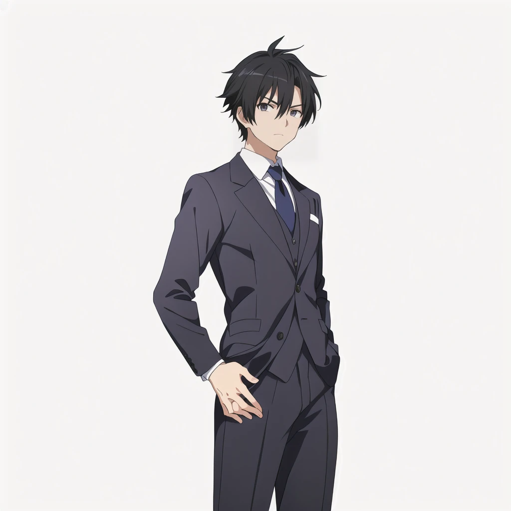 Highest quality, high resolution, High quality anime art style, Official Art, Smooth anime CG art, Stylized anime, Visual Novel Sprites, White background, whole body, Anime-style 3D, Smooth anime CG art, Humanoid Male, criminal, Man in suit and tie, Tough-faced man, Man in grey suit, Long face, Black Hair, Short Hair, Narrow eyes,Slender, 30 years old,