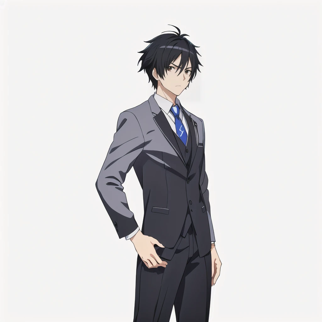 Highest quality, high resolution, High quality anime art style, Official Art, Smooth anime CG art, Stylized anime, Visual Novel Sprites, White background, whole body, Anime-style 3D, Smooth anime CG art, Humanoid Male, criminal, Man in suit and tie, Tough-faced man, Man in grey suit, Long face, Black Hair, Short Hair, Narrow eyes,Slender, 30 years old,