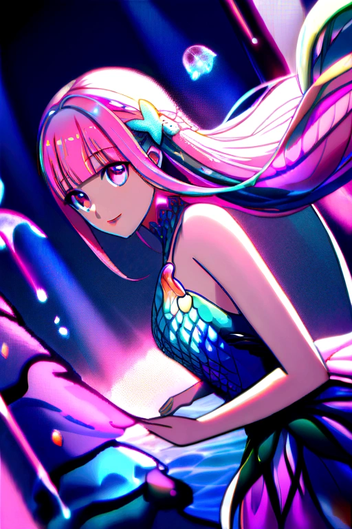 rainbow Mermaid,Fantasy creatures (Mermaid:1.1),water scenery,Depth of the sea,Beautiful attention to detail,Beautiful lip detail,Shining Scales,Flowing colorful hair,finelyこだわったフィッシュテール,Magical underwater lighting,Calm and relaxed atmosphere,A peaceful undersea kingdom,Dreamy settings,Floating seaweed and coral,Fascinating marine life,vivid and bright colors,Natural light penetrating through the water,Dancing iridescent jellyfish,Playful and gentle sea creatures,An ethereal and enchanting presence,Mystical and mysterious aura,masterpiece, (((Highest quality))), (((High resolution))), {Detailed and beautiful eyes}, finely,  Detailed and beautiful eyes,1 Girl, (alone:1.5),  (((Hair Ribbon:0.4))), Pink Eyes,Cinematic Angles,perspective,(((White bun hair))),(((Long pink hair))),whole body,Refers to 5 books,smile,Kunimi Tama,