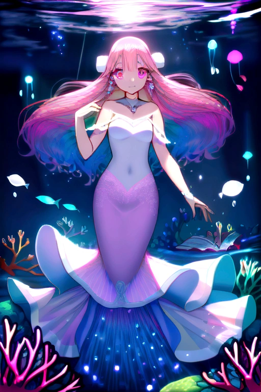 rainbow Mermaid,Fantasy creatures (Mermaid:1.1),water scenery,Depth of the sea,Beautiful attention to detail,Beautiful lip detail,Shining Scales,Flowing colorful hair,finelyこだわったフィッシュテール,Magical underwater lighting,Calm and relaxed atmosphere,A peaceful undersea kingdom,Dreamy settings,Floating seaweed and coral,Fascinating marine life,vivid and bright colors,Natural light penetrating through the water,Dancing iridescent jellyfish,Playful and gentle sea creatures,An ethereal and enchanting presence,Mystical and mysterious aura,masterpiece, (((Highest quality))), (((High resolution))), {Detailed and beautiful eyes}, finely, Detailed and beautiful eyes,1 Girl, (alone:1.5), (((Hair Ribbon:0.4))), Pink Eyes,Cinematic Angles,perspective,(((White bun hair))),(((Long pink hair))),whole body,Refers to 5 books,smile,Kunimi Tama,