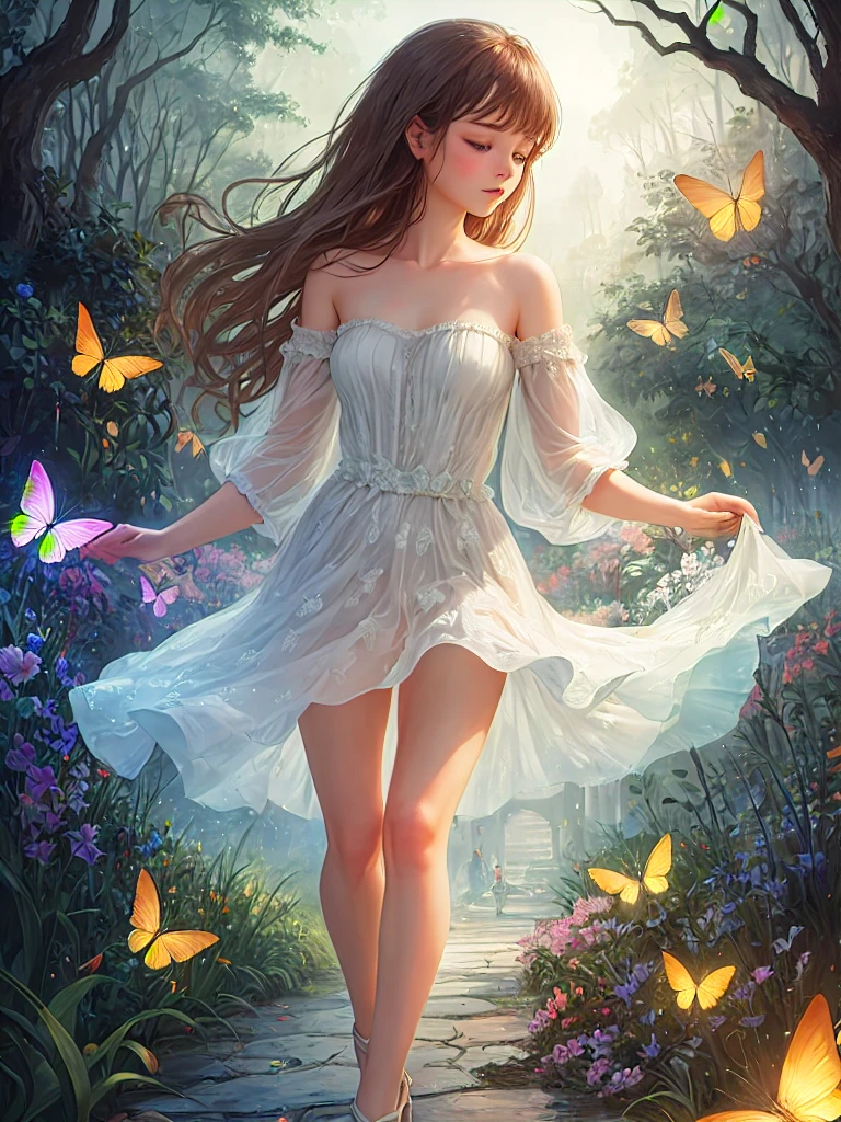 1girl, solo, full body, (masterpiece:1.21), (best quality:1.2), colorful, (illustration:1.2), (cinematic lighting:1.1), (bare shoulders:1.21), (collarbone:1.21)
In this whimsical and fantastical garden, the scene is illuminated by a rainbow of (colorful fireflies), dancing and fluttering in the air. The garden is decorated by a gentle (drizzle), creating a misty and ethereal atmosphere. In the center of the scene, there is a single girl, an extremely delicate and beautiful girl, with cute features and an innocent expression. Her long hair is flowing with the wind. She is wearing no shoulder straps dress, which is ultra low cut, highlighting her delicate curves.

The lighting is very delicate and beautiful, creating a soft and warm glow that highlights the water, making it sparkle like diamonds. The finest grass is also illuminated, creating a lush and verdant carpet. The garden is surrounded by colorful flower fields, with blooms of every color and shape. (Colorful butterflies), of every shade and size, can be seen fluttering around the scene, adding to the overall sense of wonder and magic. (look ai viewer),A blush can be seen on her nose, and her mouth is slightly open, adding to the overall sense of innocence and youthfulness. Falling petals can be seen floating around her, adding to the overall sense of romance and beauty. A gentle wind is blowing through the scene, making the leaves rustle and the flowers sway, adding to the overall sense of movement and life. This is a scene of pure wonder and magic, filled with color and beauty, where the viewer can lose themselves in the enchanting and captivating world.