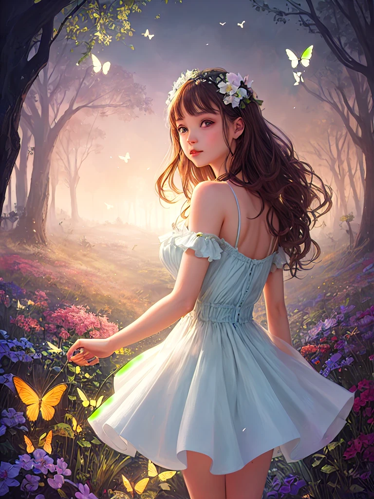 1girl, solo, full body, (masterpiece:1.21), (best quality:1.2), colorful, (illustration:1.2), (cinematic lighting:1.1), (bare shoulders:1.21), (collarbone:1.21)
In this whimsical and fantastical garden, the scene is illuminated by a rainbow of (colorful fireflies), dancing and fluttering in the air. The garden is decorated by a gentle (drizzle), creating a misty and ethereal atmosphere. In the center of the scene, there is a single girl, an extremely delicate and beautiful girl, with cute features and an innocent expression. Her long hair is flowing with the wind. She is wearing no shoulder straps dress, which is ultra low cut, highlighting her delicate curves.

The lighting is very delicate and beautiful, creating a soft and warm glow that highlights the water, making it sparkle like diamonds. The finest grass is also illuminated, creating a lush and verdant carpet. The garden is surrounded by colorful flower fields, with blooms of every color and shape. (Colorful butterflies), of every shade and size, can be seen fluttering around the scene, adding to the overall sense of wonder and magic. (look ai viewer),A blush can be seen on her nose, and her mouth is slightly open, adding to the overall sense of innocence and youthfulness. Falling petals can be seen floating around her, adding to the overall sense of romance and beauty. A gentle wind is blowing through the scene, making the leaves rustle and the flowers sway, adding to the overall sense of movement and life. This is a scene of pure wonder and magic, filled with color and beauty, where the viewer can lose themselves in the enchanting and captivating world.