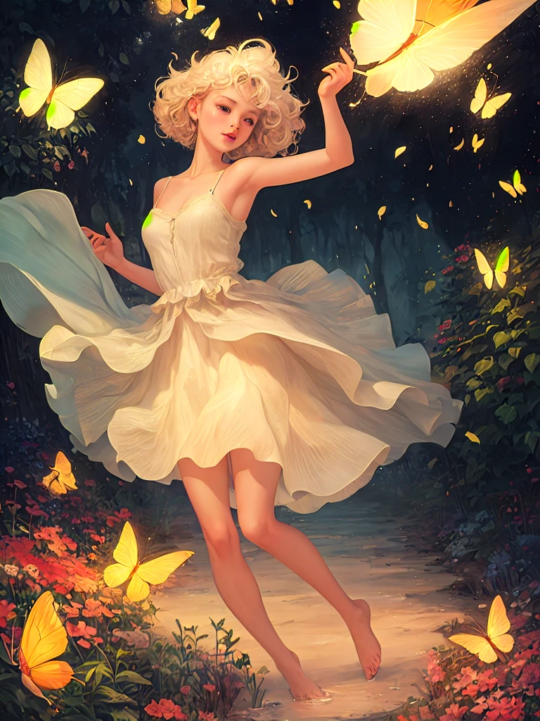 1girl, solo, full body, (masterpiece:1.21), (best quality:1.2), colorful, (illustration:1.2), (cinematic lighting:1.1), (bare shoulders:1.21), (collarbone:1.21)
In this whimsical and fantastical garden, the scene is illuminated by a rainbow of (colorful fireflies), dancing and fluttering in the air. The garden is decorated by a gentle (drizzle), creating a misty and ethereal atmosphere. In the center of the scene, there is a single girl, an extremely delicate and beautiful girl, with cute features and an innocent expression. Her long hair is flowing with the wind. She is wearing no shoulder straps dress, which is ultra low cut, highlighting her delicate curves.
The lighting is very delicate and beautiful, creating a soft and warm glow that highlights the water, making it sparkle like diamonds. The finest grass is also illuminated, creating a lush and verdant carpet. The garden is surrounded by colorful flower fields, with blooms of every color and shape. (Colorful butterflies), of every shade and size, can be seen fluttering around the scene, adding to the overall sense of wonder and magic. (look ai viewer),A blush can be seen on her nose, and her mouth is slightly open, adding to the overall sense of innocence and youthfulness. Falling petals can be seen floating around her, adding to the overall sense of romance and beauty. A gentle wind is blowing through the scene, making the leaves rustle and the flowers sway, adding to the overall sense of movement and life. This is a scene of pure wonder and magic, filled with color and beauty, where the viewer can lose themselves in the enchanting and captivating world.